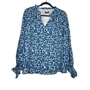 Mascomoda Womens XL Blue Green Abstract Print V-Neck Blouse‎ Smocked Cuff